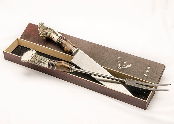 Large barbecue set in box with wooden and stag horn handle.