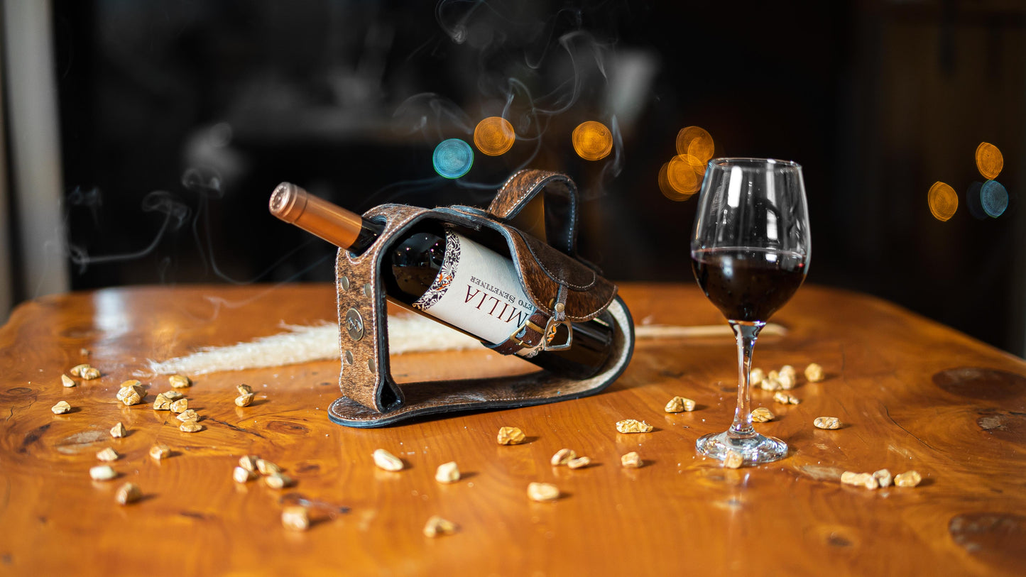 Cowhide Saddle wine holder.