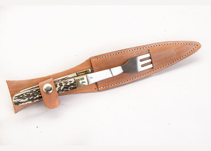 Large knife and fork set with deer antler handle.