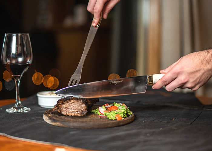 Knife, fork and honing steel set with stag horn handle.