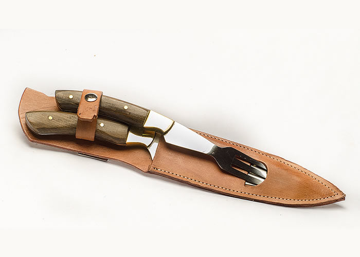 Large knife and fork set with wooden handle.