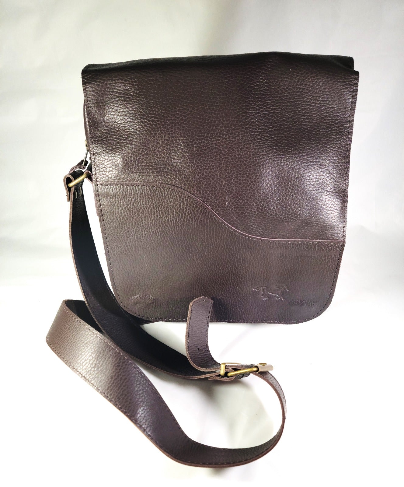 Medium black and brown leather messenger bag.