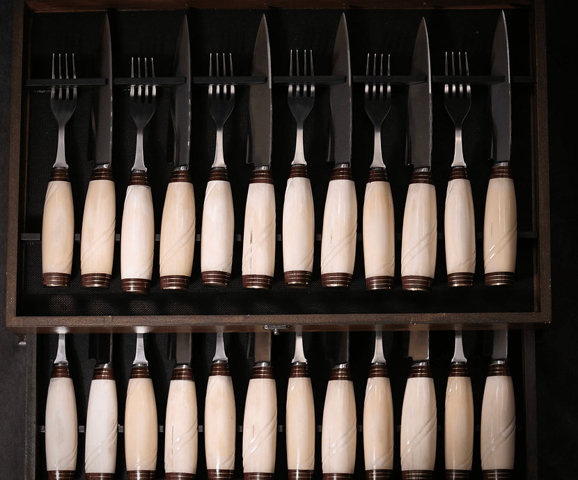 Wooden Box for Knife and Fork Set with Bone Handles