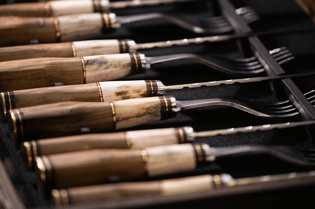 Wooden Box for Knife and Fork Set with Deer Antler and Wood Handles