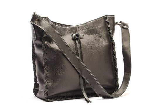 Black leather handbag.