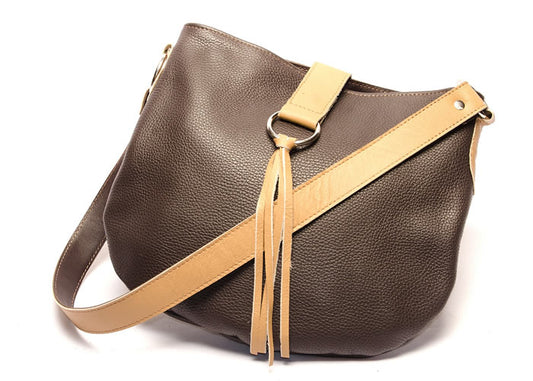 Brown leather handbag with fringes.