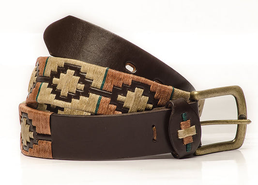 Fully embroidered brown polo belt.
