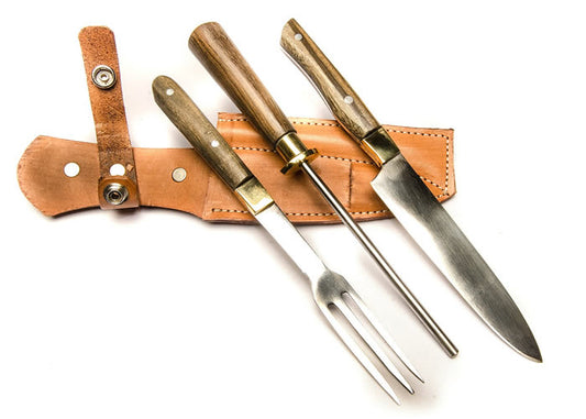 Knife, fork and honing steel set with wooden handle.