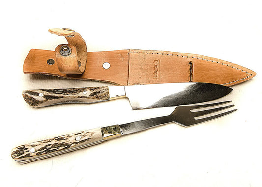 Small knife and fork set with stag horn handle.