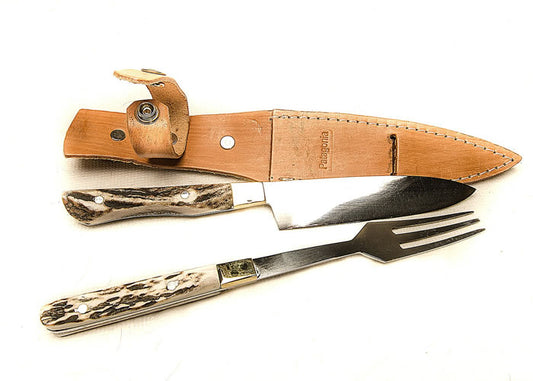 Large knife and fork set with deer antler handle.
