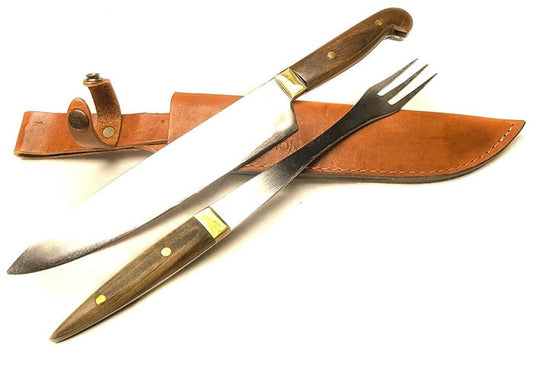 Extra large knife and fork set with wooden handle.