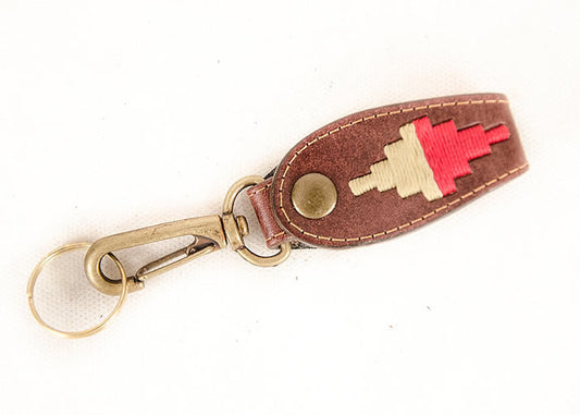 Embroidered leather key ring.