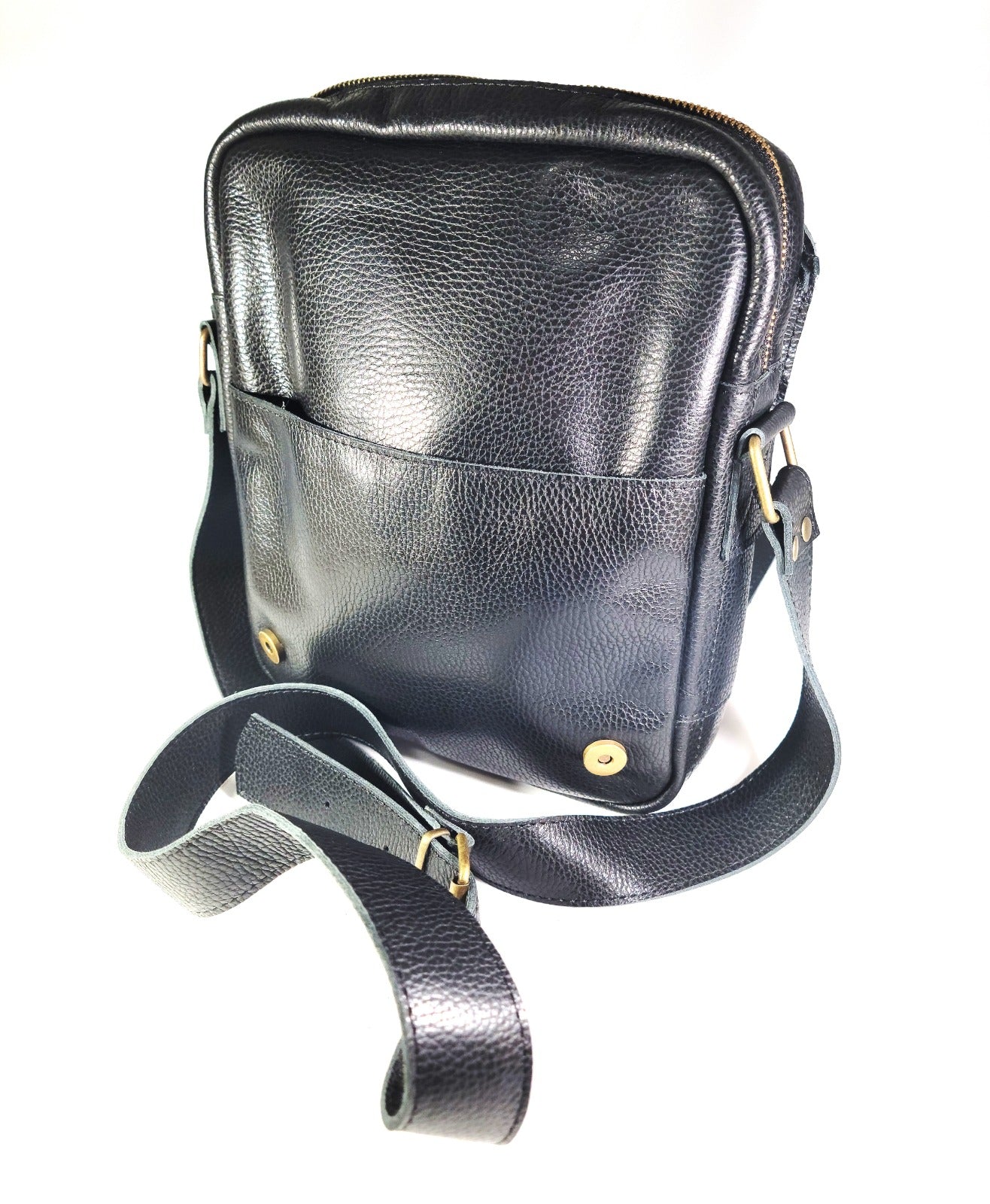 Medium black and brown leather messenger bag.