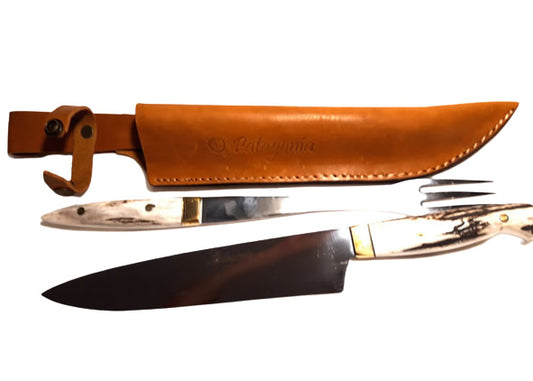 Knife, fork and honing steel set with stag horn handle.